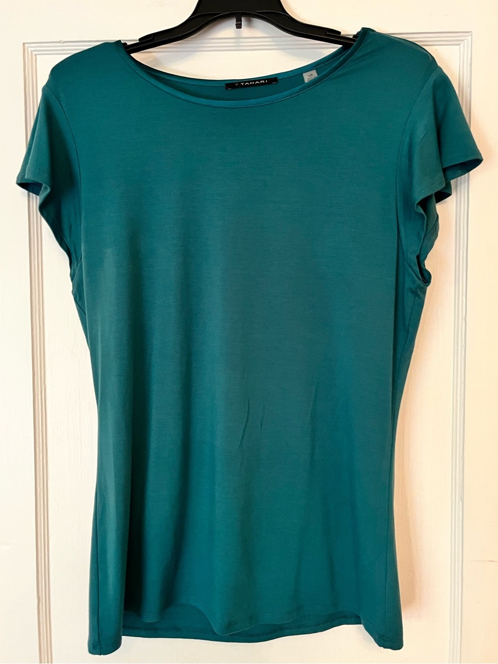 Tahari Teal Short-Sleeve Satin- Neck Top